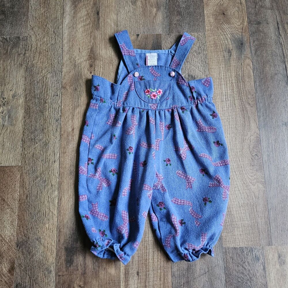 Vintage Baby Girl 3–6M Overalls – Floral Embroidered with Pink Checked Ribbon